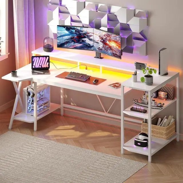 Alt view image 3 of 6 - White Gaming Desk 70.8'' with LED Lights and Storage Shelves, Computer Desk with Monitor Stand, Power Outlets and Cup Holder, Large PC Gamer Desk, Gaming Table for Bedroom, Living Room