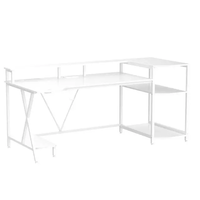 Alt view image 4 of 6 - White Gaming Desk 70.8'' with LED Lights and Storage Shelves, Computer Desk with Monitor Stand, Power Outlets and Cup Holder, Large PC Gamer Desk, Gaming Table for Bedroom, Living Room