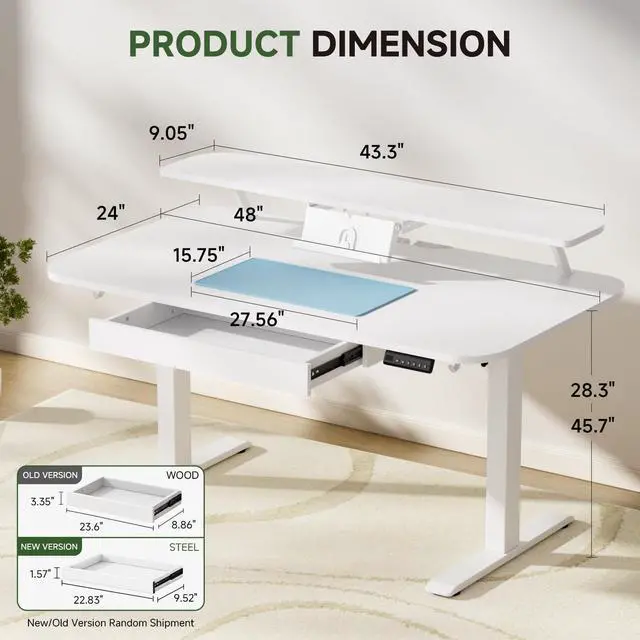 Alt view image 2 of 6 - Electric Standing Desk with Drawers, 48 x 24 Inches Height Adjustable Computer Desk with Monitor Stand, Laptop Stand, Sit Stand up Desk with Memory Preset for Home, Office, Ivory White