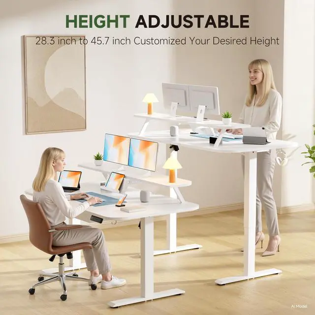 Alt view image 3 of 6 - Electric Standing Desk with Drawers, 48 x 24 Inches Height Adjustable Computer Desk with Monitor Stand, Laptop Stand, Sit Stand up Desk with Memory Preset for Home, Office, Ivory White