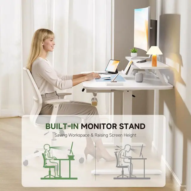 Alt view image 4 of 6 - Electric Standing Desk with Drawers, 48 x 24 Inches Height Adjustable Computer Desk with Monitor Stand, Laptop Stand, Sit Stand up Desk with Memory Preset for Home, Office, Ivory White