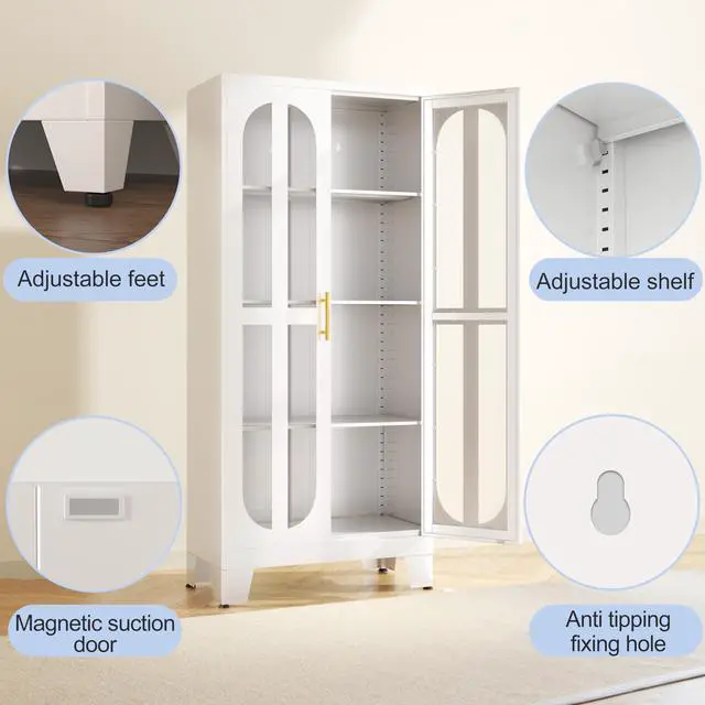 Alt view image 4 of 6 - Metal Kitchen Pantry Storage Cabinet,Food Pantries Cabinets with Acrylic Glass Doors and Adjustable Shelves,Storage Cupboard for Kitchen, Living Room, Laundry Room and Dinning Room 61.02H