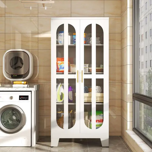 Alt view image 6 of 6 - Metal Kitchen Pantry Storage Cabinet,Food Pantries Cabinets with Acrylic Glass Doors and Adjustable Shelves,Storage Cupboard for Kitchen, Living Room, Laundry Room and Dinning Room 61.02H