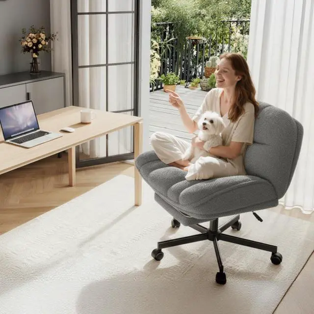 Main image of Criss Cross Office Chair with Foot Rest, 6.3" Thick Cushioned Criss Cross Chair with Wheels, Height Adjustable Swivel Vanity Chair for All-Day Comfort (Grey)