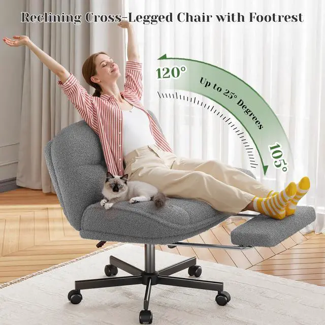 Alt view image 3 of 6 - Criss Cross Office Chair with Foot Rest, 6.3" Thick Cushioned Criss Cross Chair with Wheels, Height Adjustable Swivel Vanity Chair for All-Day Comfort (Grey)