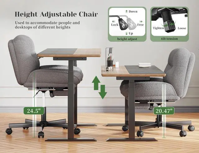 Alt view image 4 of 6 - Criss Cross Office Chair with Foot Rest, 6.3" Thick Cushioned Criss Cross Chair with Wheels, Height Adjustable Swivel Vanity Chair for All-Day Comfort (Grey)