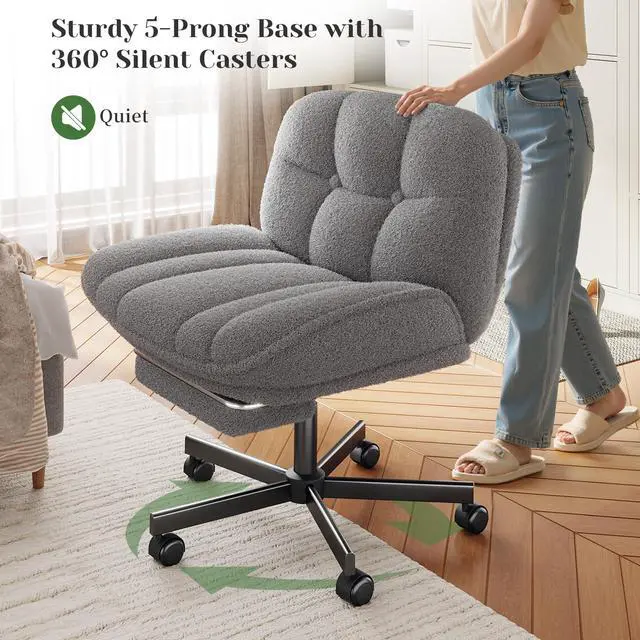 Alt view image 6 of 6 - Criss Cross Office Chair with Foot Rest, 6.3" Thick Cushioned Criss Cross Chair with Wheels, Height Adjustable Swivel Vanity Chair for All-Day Comfort (Grey)
