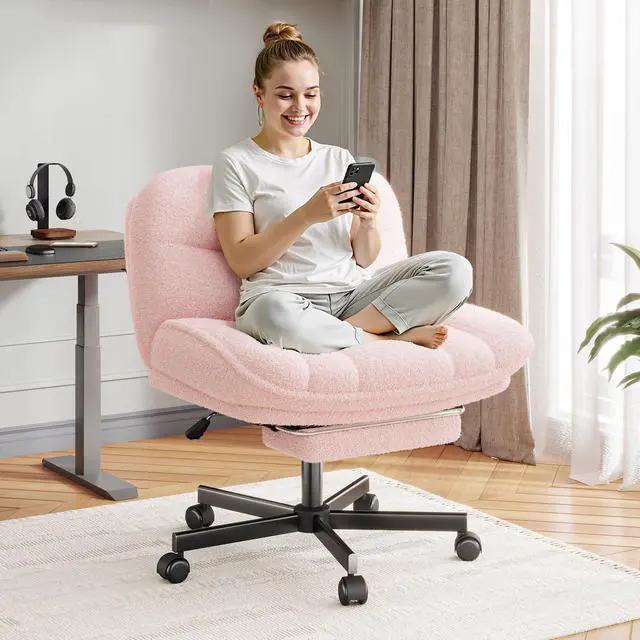 Main image of Criss Cross Office Chair with Footrest, 6.3" Thick Cushioned Cross Legged Office Chair with Wheels, Reclining & Height Adjustable, Swivel Armless Vanity Chair for All-Day Comfort (Pink)