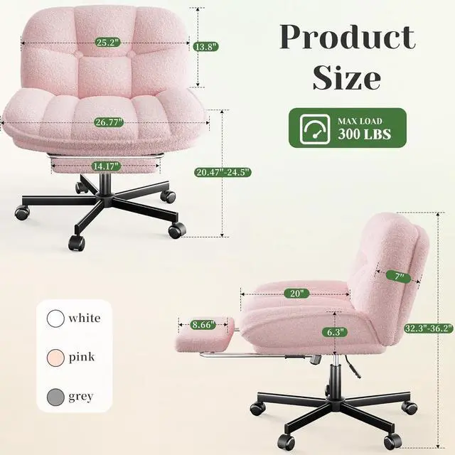 Alt view image 2 of 6 - Criss Cross Office Chair with Footrest, 6.3" Thick Cushioned Cross Legged Office Chair with Wheels, Reclining & Height Adjustable, Swivel Armless Vanity Chair for All-Day Comfort (Pink)
