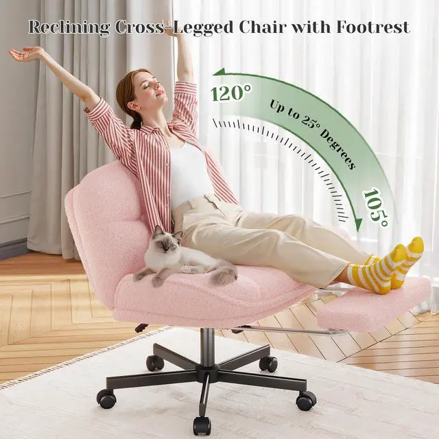 Alt view image 3 of 6 - Criss Cross Office Chair with Footrest, 6.3" Thick Cushioned Cross Legged Office Chair with Wheels, Reclining & Height Adjustable, Swivel Armless Vanity Chair for All-Day Comfort (Pink)