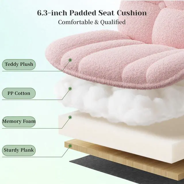 Alt view image 4 of 6 - Criss Cross Office Chair with Footrest, 6.3" Thick Cushioned Cross Legged Office Chair with Wheels, Reclining & Height Adjustable, Swivel Armless Vanity Chair for All-Day Comfort (Pink)