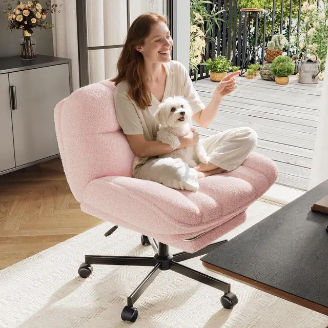 Alt view image 5 of 6 - Criss Cross Office Chair with Footrest, 6.3" Thick Cushioned Cross Legged Office Chair with Wheels, Reclining & Height Adjustable, Swivel Armless Vanity Chair for All-Day Comfort (Pink)