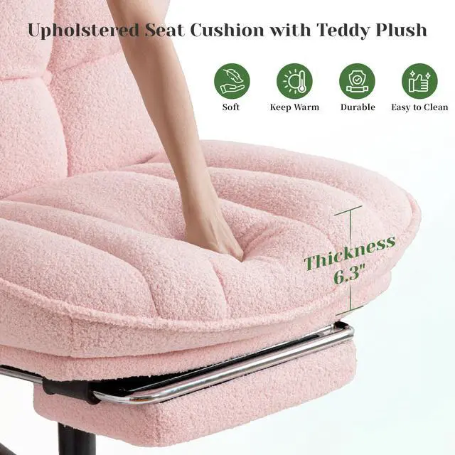 Alt view image 6 of 6 - Criss Cross Office Chair with Footrest, 6.3" Thick Cushioned Cross Legged Office Chair with Wheels, Reclining & Height Adjustable, Swivel Armless Vanity Chair for All-Day Comfort (Pink)