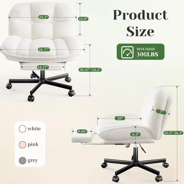 Alt view image 2 of 6 - Cross Legged Office Chair with Foot Rest, 6.3" Thick Cushioned Criss Cross Chair with Wheels, Height Adjustable Swivel Vanity Chair for All-Day Comfort (White)