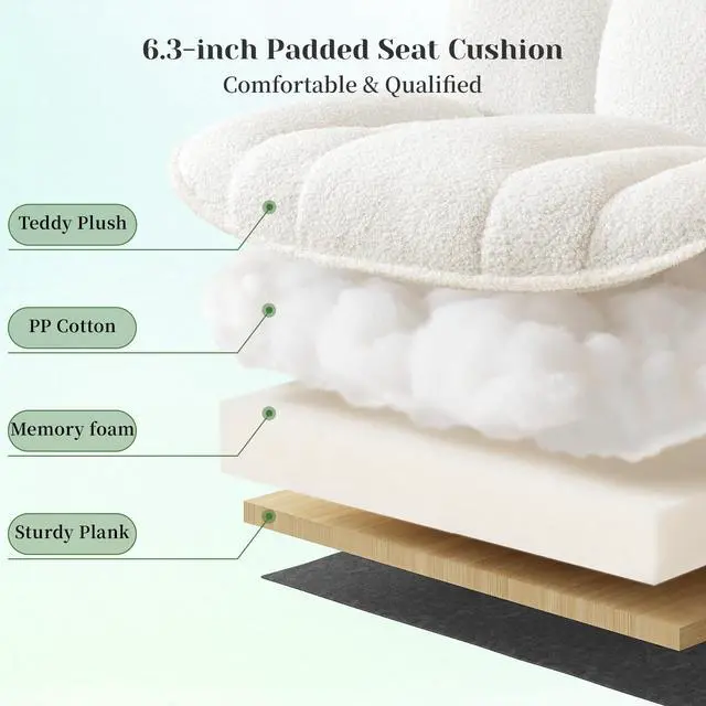 Alt view image 3 of 6 - Cross Legged Office Chair with Foot Rest, 6.3" Thick Cushioned Criss Cross Chair with Wheels, Height Adjustable Swivel Vanity Chair for All-Day Comfort (White)