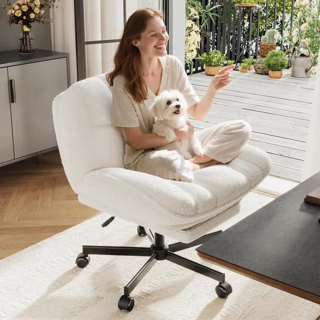 Alt view image 4 of 6 - Cross Legged Office Chair with Foot Rest, 6.3" Thick Cushioned Criss Cross Chair with Wheels, Height Adjustable Swivel Vanity Chair for All-Day Comfort (White)