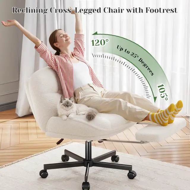 Alt view image 5 of 6 - Cross Legged Office Chair with Foot Rest, 6.3" Thick Cushioned Criss Cross Chair with Wheels, Height Adjustable Swivel Vanity Chair for All-Day Comfort (White)