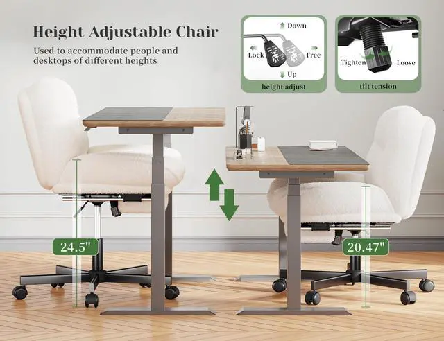 Alt view image 6 of 6 - Cross Legged Office Chair with Foot Rest, 6.3" Thick Cushioned Criss Cross Chair with Wheels, Height Adjustable Swivel Vanity Chair for All-Day Comfort (White)