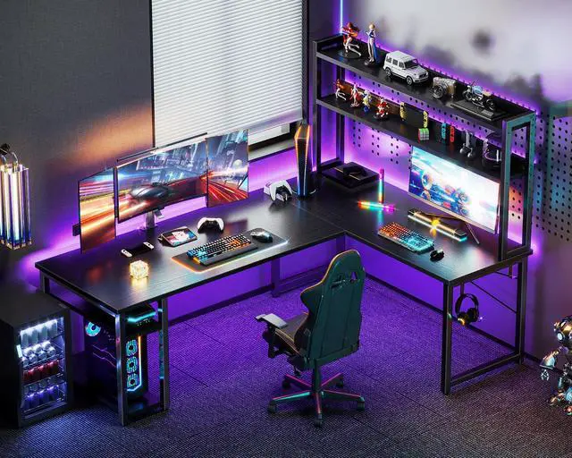 Alt view image 2 of 6 - L Shaped Gaming Desk with Hutch, Computer Desk with Storage Shelves, 66" L Shaped Desk for Home Office, Corner Desk with Headphone Hook, Black