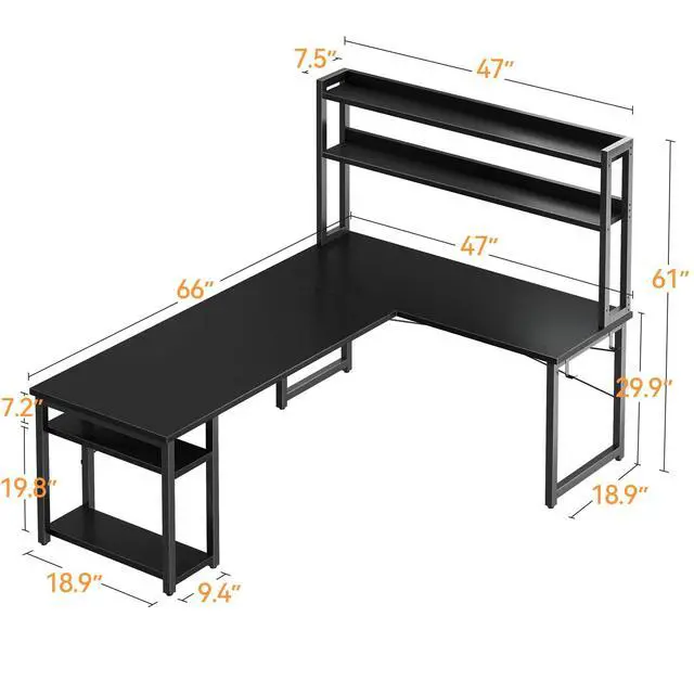 Alt view image 3 of 6 - L Shaped Gaming Desk with Hutch, Computer Desk with Storage Shelves, 66" L Shaped Desk for Home Office, Corner Desk with Headphone Hook, Black