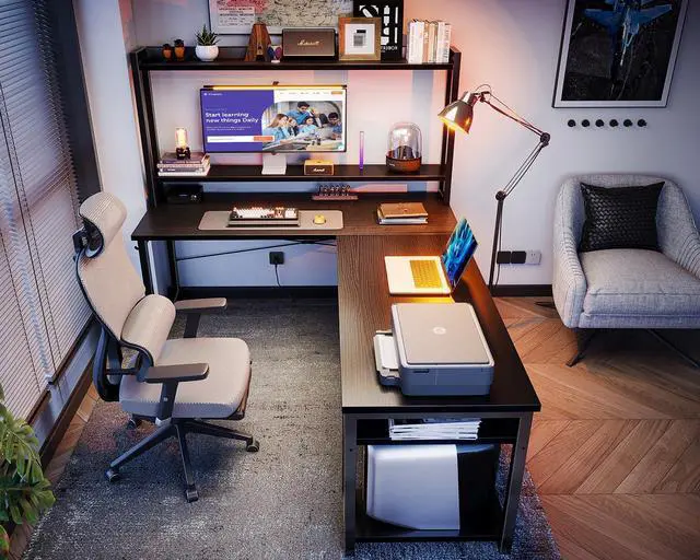 Alt view image 4 of 6 - L Shaped Gaming Desk with Hutch, Computer Desk with Storage Shelves, 66" L Shaped Desk for Home Office, Corner Desk with Headphone Hook, Black