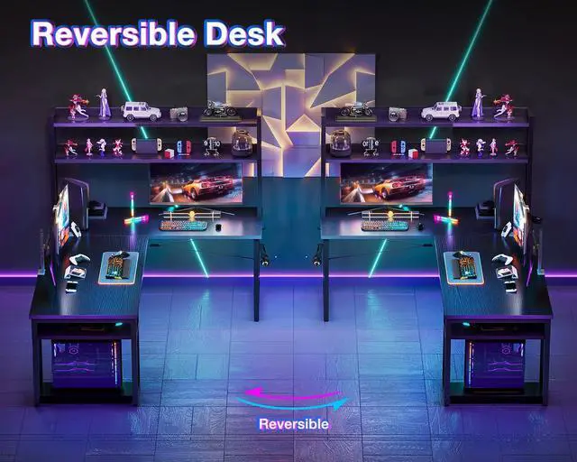 Alt view image 6 of 6 - L Shaped Gaming Desk with Hutch, Computer Desk with Storage Shelves, 66" L Shaped Desk for Home Office, Corner Desk with Headphone Hook, Black