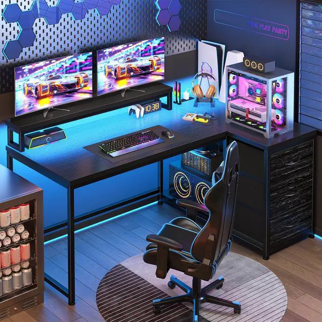 Main image of 48Inch L Shaped Gaming Desk with 3 Drawers & Monitor Stand, Computer Desk with LED Lights & Power Outlet,Reversible Corner Desk for Gaming,Study Room,Home Office,Bedroom,Black
