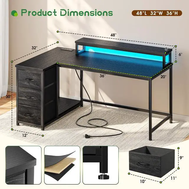Alt view image 2 of 6 - 48Inch L Shaped Gaming Desk with 3 Drawers & Monitor Stand, Computer Desk with LED Lights & Power Outlet,Reversible Corner Desk for Gaming,Study Room,Home Office,Bedroom,Black