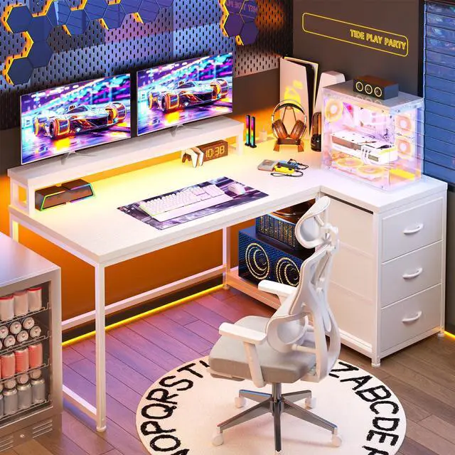 Main image of 48" Reversible L-Shaped Computer Desk with 40-Mode RGB LED,3AC &1 Type-C Charging Station, 3 Drawers, 35.4''Monitor Riser, White Desk for Gaming, Home Office, Bedroom, Study Room,Vanity, White