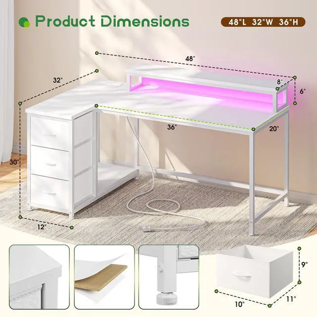 Alt view image 2 of 6 - 48" Reversible L-Shaped Computer Desk with 40-Mode RGB LED,3AC &1 Type-C Charging Station, 3 Drawers, 35.4''Monitor Riser, White Desk for Gaming, Home Office, Bedroom, Study Room,Vanity, White