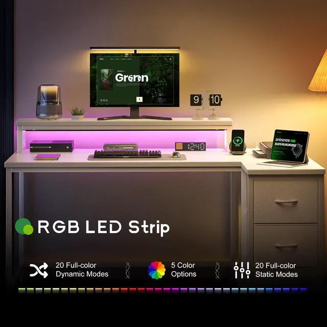 Alt view image 5 of 6 - 48" Reversible L-Shaped Computer Desk with 40-Mode RGB LED,3AC &1 Type-C Charging Station, 3 Drawers, 35.4''Monitor Riser, White Desk for Gaming, Home Office, Bedroom, Study Room,Vanity, White