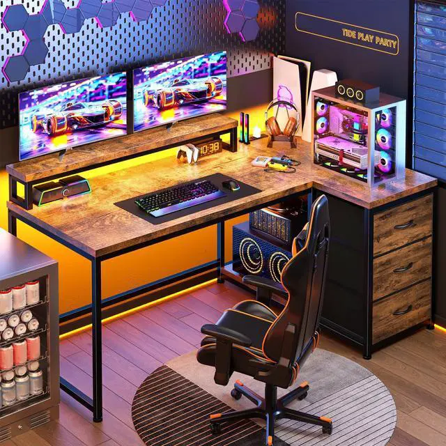 Main image of 48" L-Shaped Computer Desk with 3 Drawers, 35.4" Monitor Riser, RGB LED Lights,3 AC outlets & 1 Type-C Charging Station, Reversible Corner Gaming Desk for Home Office, Study Room,Rustic Brown