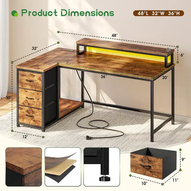 Alt view image 2 of 6 - 48" L-Shaped Computer Desk with 3 Drawers, 35.4" Monitor Riser, RGB LED Lights,3 AC outlets & 1 Type-C Charging Station, Reversible Corner Gaming Desk for Home Office, Study Room,Rustic Brown