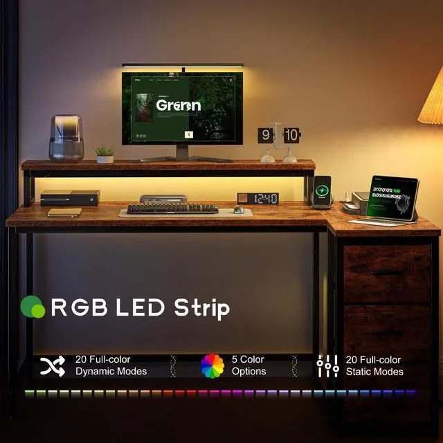 Alt view image 5 of 6 - 48" L-Shaped Computer Desk with 3 Drawers, 35.4" Monitor Riser, RGB LED Lights,3 AC outlets & 1 Type-C Charging Station, Reversible Corner Gaming Desk for Home Office, Study Room,Rustic Brown