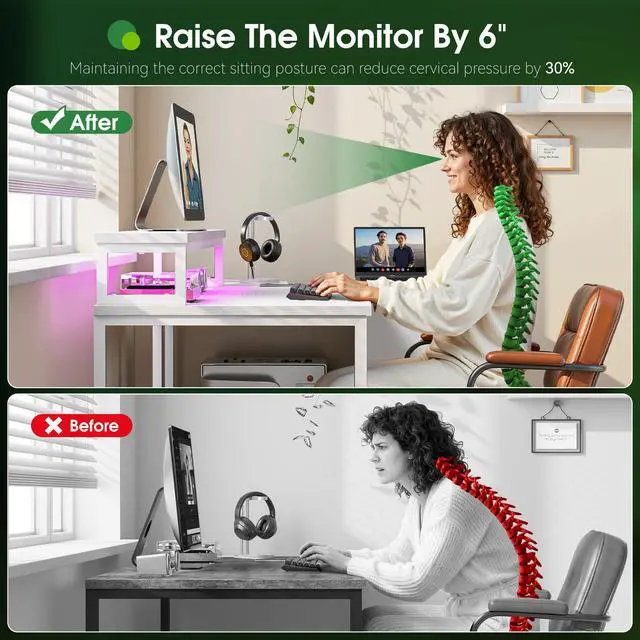Alt view image 4 of 6 - L Shaped Gaming Desk with 3 Drawers & Power Outlet, 40Inch White Computer Desk with LED Lights Reversible Office Desk with Monitor Stand for Gaming,Study Room,Home Office,Bedroom,White