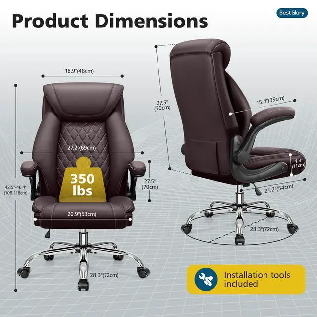 Alt view image 3 of 6 - Office Chair, Executive Leather Office Chairs with Rocking Function, Big and Tall Ergonomic Computer Chair with Lumbar Support Flip-Up Armrests, Comfortable Gaming Chairs for Home Ofiice