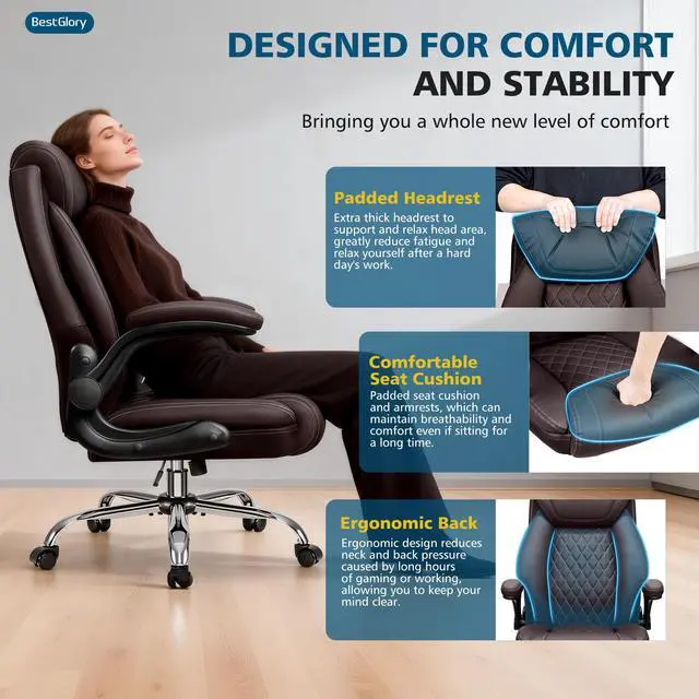 Alt view image 5 of 6 - Office Chair, Executive Leather Office Chairs with Rocking Function, Big and Tall Ergonomic Computer Chair with Lumbar Support Flip-Up Armrests, Comfortable Gaming Chairs for Home Ofiice