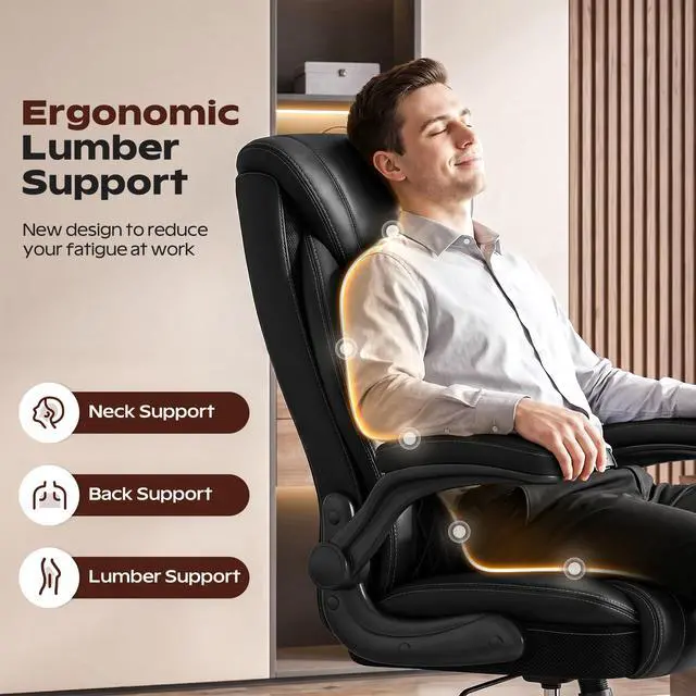 Alt view image 4 of 6 - Office Chair, Ergonomic High Back Home Office Desk Chair, Big and Tall Breathable Leather Office Chair with Lumbar Support Flip-Up Armrests, Computer Gaming Chair with Rocking Function