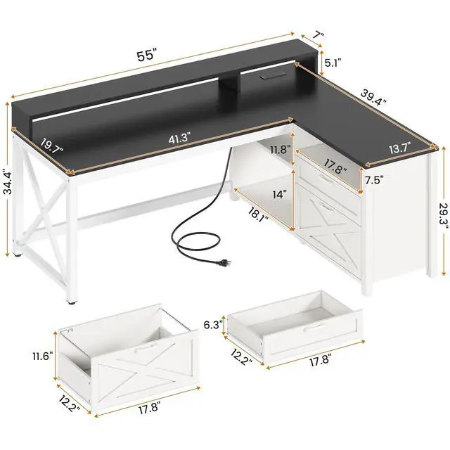 Alt view image 2 of 6 - Corner Computer Desk, 55" L Shaped Gaming Desk with Storage Drawers and Power Outlet, Farmhouse Corner Gaming Desk with Storage Shelves and LED Lights for Home Office, Black