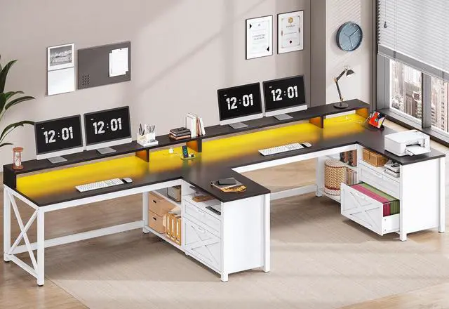 Alt view image 3 of 6 - Corner Computer Desk, 55" L Shaped Gaming Desk with Storage Drawers and Power Outlet, Farmhouse Corner Gaming Desk with Storage Shelves and LED Lights for Home Office, Black