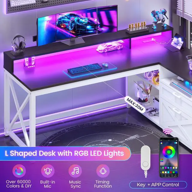 Alt view image 5 of 6 - Corner Computer Desk, 55" L Shaped Gaming Desk with Storage Drawers and Power Outlet, Farmhouse Corner Gaming Desk with Storage Shelves and LED Lights for Home Office, Black