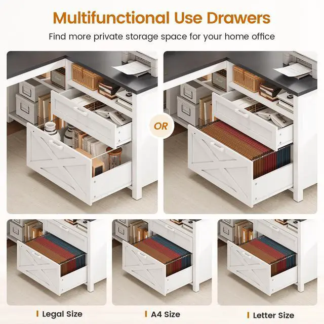 Alt view image 6 of 6 - Corner Computer Desk, 55" L Shaped Gaming Desk with Storage Drawers and Power Outlet, Farmhouse Corner Gaming Desk with Storage Shelves and LED Lights for Home Office, Black
