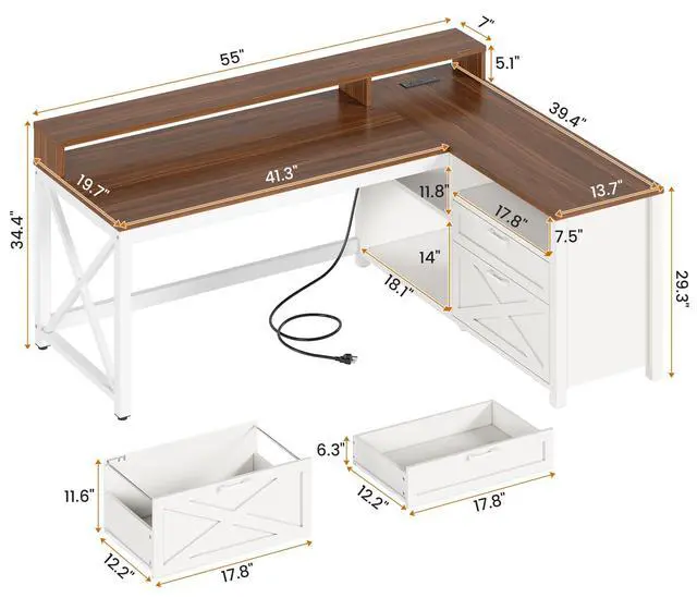 Alt view image 2 of 6 - Farmhouse L Shaped Desk, 55" Home Office Desk with Drawers and Storage Shelves, L Shaped Gaming Desk with LED Lights, Power Outlet and Monitor Shelf, Brown