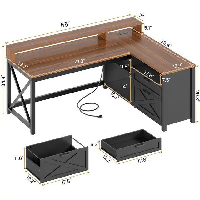Alt view image 2 of 6 - L Shaped Gaming Desk with Drawers, 55" Farmhouse Computer Desk with File Drawer and Storage Shelves, Corner Gaming Desk with LED Lights and Monitor Shelf, Black and Brown