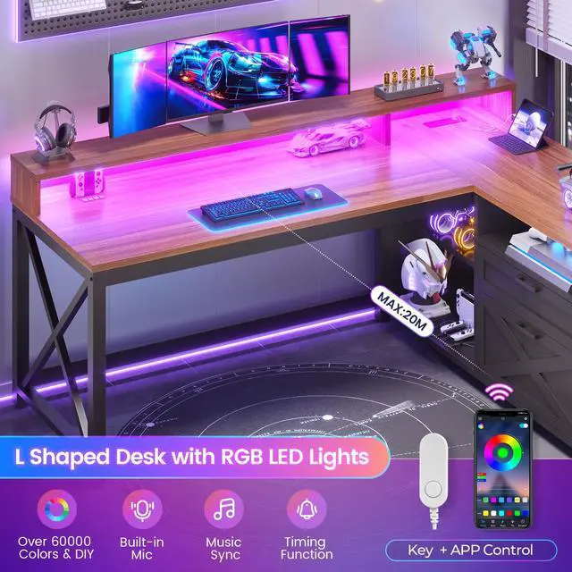 Alt view image 4 of 6 - L Shaped Gaming Desk with Drawers, 55" Farmhouse Computer Desk with File Drawer and Storage Shelves, Corner Gaming Desk with LED Lights and Monitor Shelf, Black and Brown