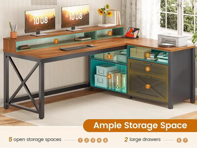 Alt view image 6 of 6 - L Shaped Gaming Desk with Drawers, 55" Farmhouse Computer Desk with File Drawer and Storage Shelves, Corner Gaming Desk with LED Lights and Monitor Shelf, Black and Brown
