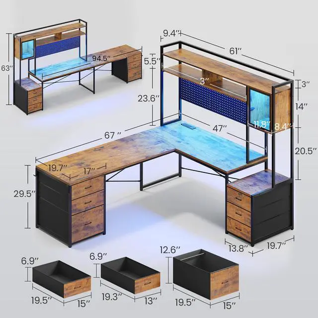 Alt view image 2 of 6 - L Shaped Gaming Desk with 6 Drawers, Reversible Computer Office Desk with File Drawer, Hutch, Storage Shelves, Gaming Corner Desk with Led Lights, Power Outlet for Two Person, Rustic Brown