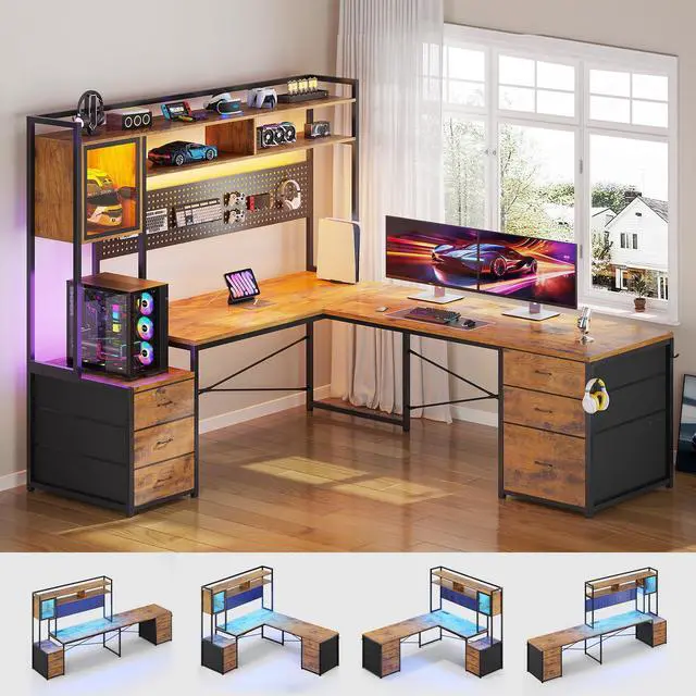 Alt view image 3 of 6 - L Shaped Gaming Desk with 6 Drawers, Reversible Computer Office Desk with File Drawer, Hutch, Storage Shelves, Gaming Corner Desk with Led Lights, Power Outlet for Two Person, Rustic Brown