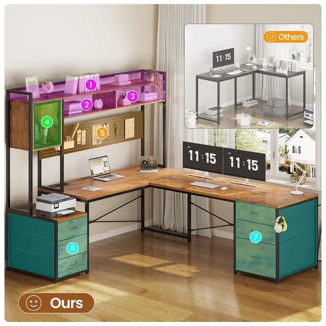 Alt view image 4 of 6 - L Shaped Gaming Desk with 6 Drawers, Reversible Computer Office Desk with File Drawer, Hutch, Storage Shelves, Gaming Corner Desk with Led Lights, Power Outlet for Two Person, Rustic Brown