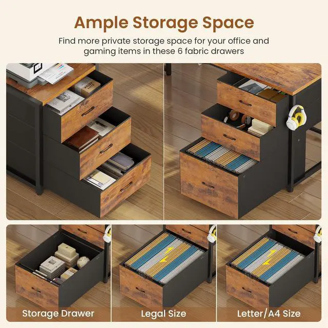 Alt view image 5 of 6 - L Shaped Gaming Desk with 6 Drawers, Reversible Computer Office Desk with File Drawer, Hutch, Storage Shelves, Gaming Corner Desk with Led Lights, Power Outlet for Two Person, Rustic Brown